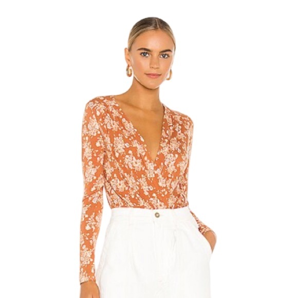Free People Tops - Free People Turnt Wrap Bodysuit - Rust Floral Wrap-Style Long Sleeve Top - Women